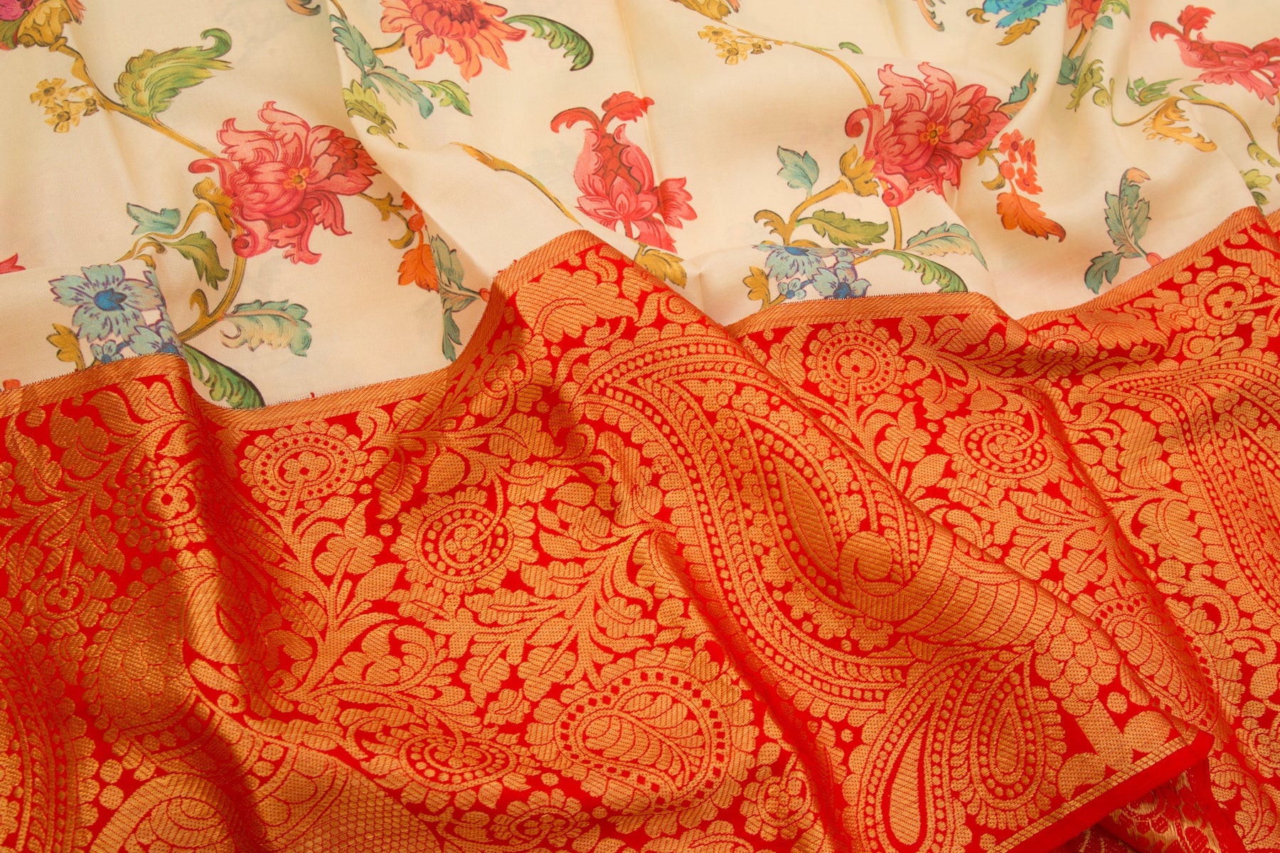 Kanchipuram Silk Floral Printed Cream Saree