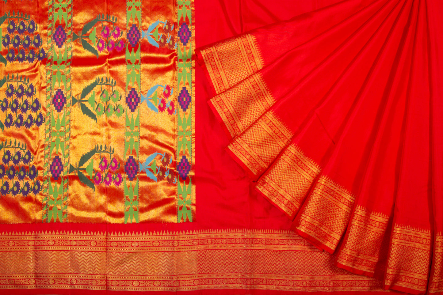 Kanchipuram Silk Twill Red Saree With Paithani Inspired Border
