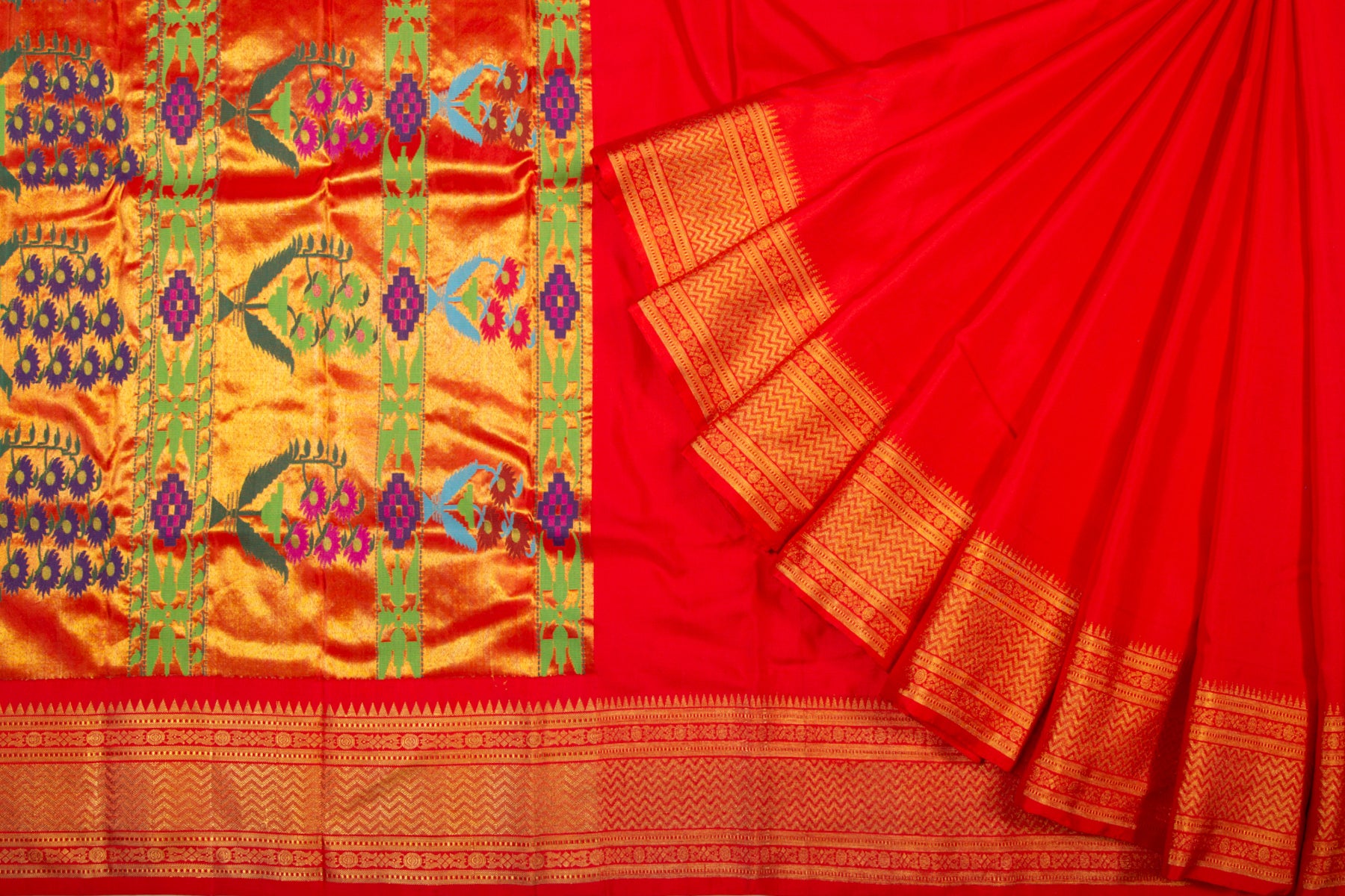 Kanchipuram Silk Twill Red Saree With Paithani Inspired Border