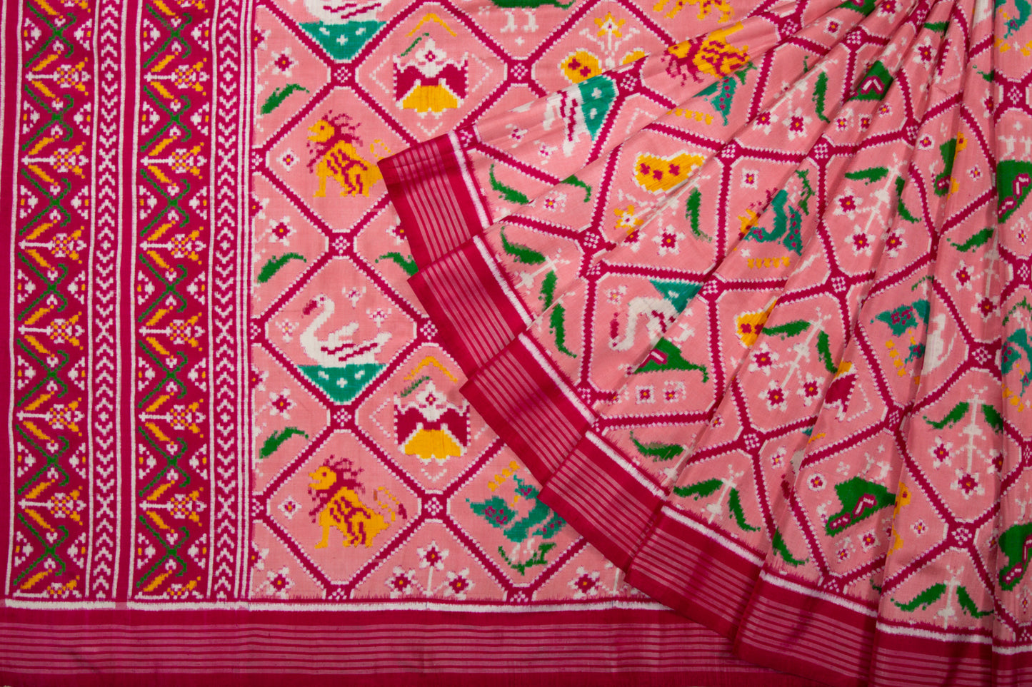 Patan Patola Silk Double Ikat 9 Figure Baby Pink Saree