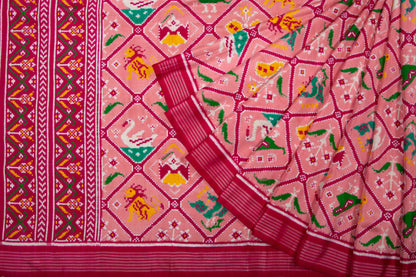 Patan Patola Silk Double Ikat 9 Figure Baby Pink Saree