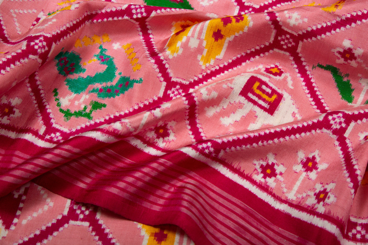 Patan Patola Silk Double Ikat 9 Figure Baby Pink Saree