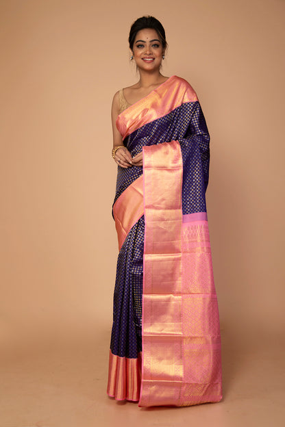 Kanchipuram Silk Brocade Dark Blue Saree