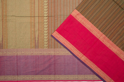 Kanchi Cotton Checks And Butta Dual Tone Brown And Green Saree