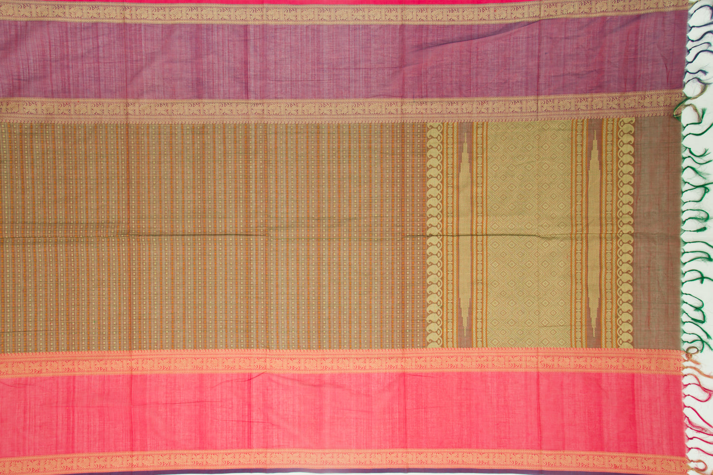 Kanchi Cotton Checks And Butta Dual Tone Brown And Green Saree