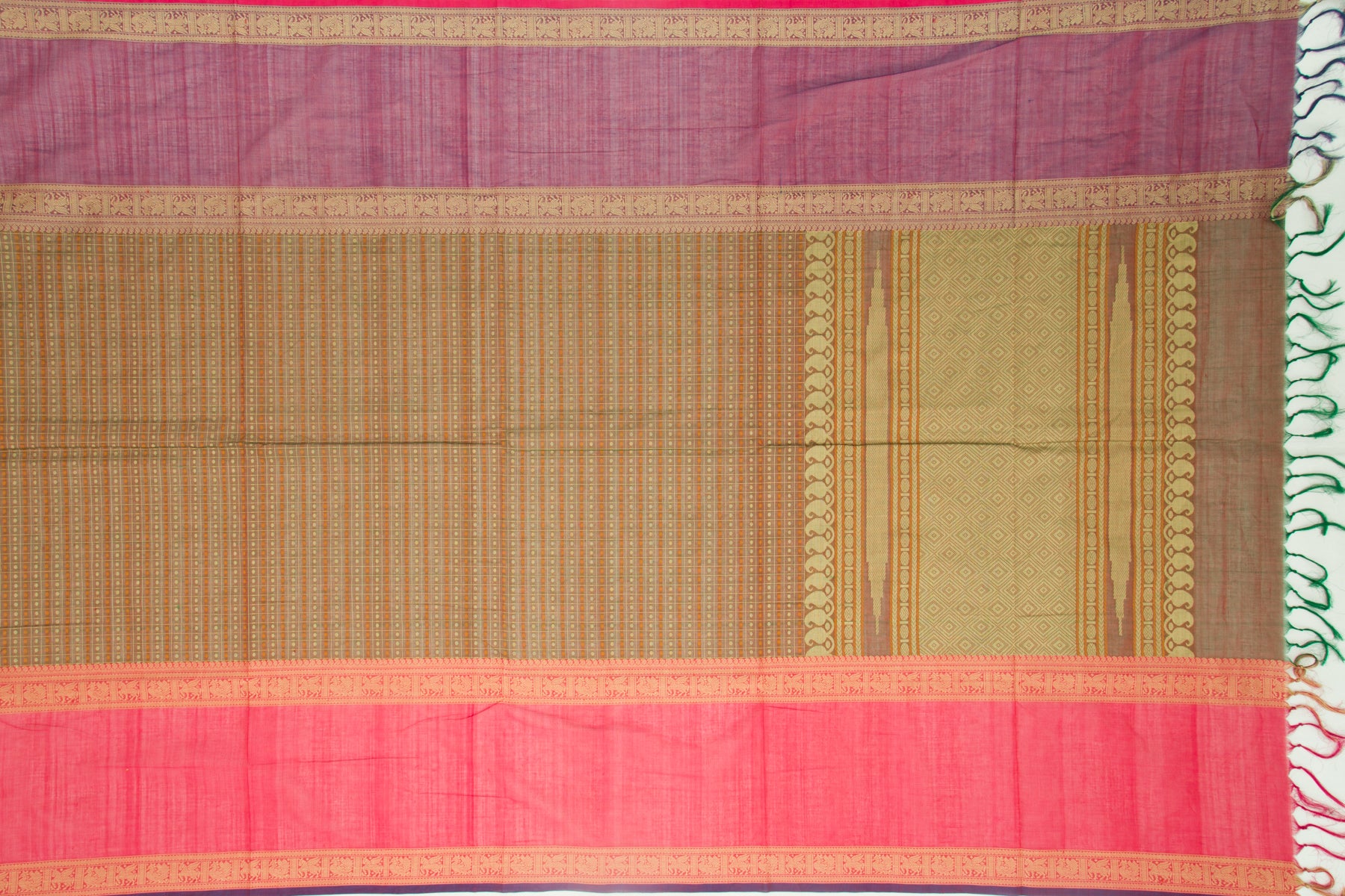 Kanchi Cotton Checks And Butta Dual Tone Brown And Green Saree