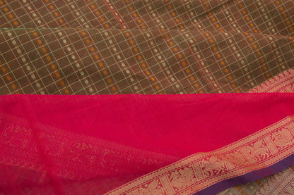 Kanchi Cotton Checks And Butta Dual Tone Brown And Green Saree