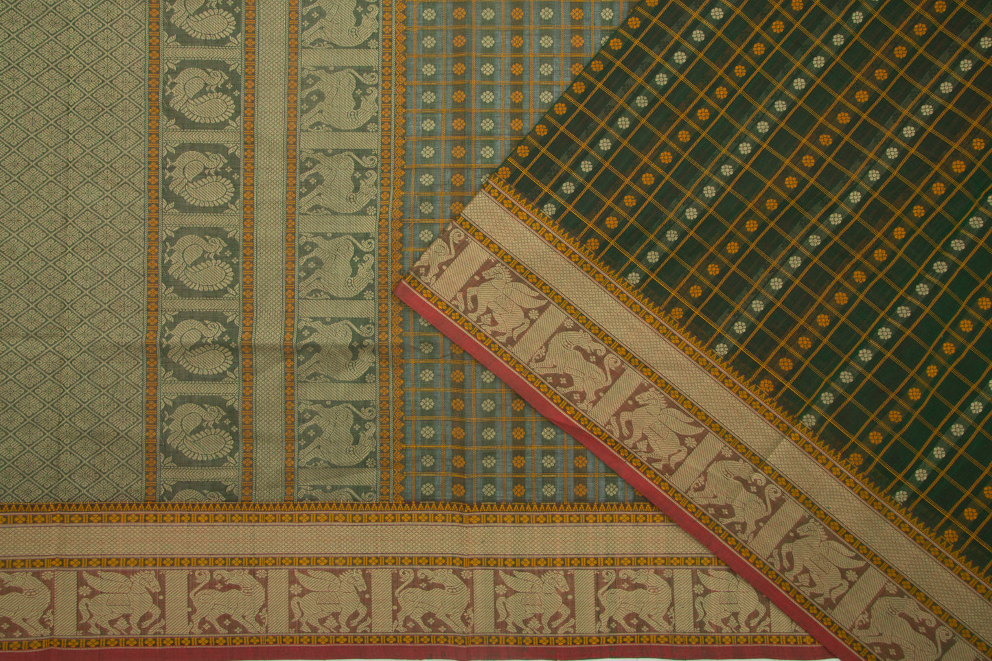 Kanchi Cotton Checks And Butta Green Saree
