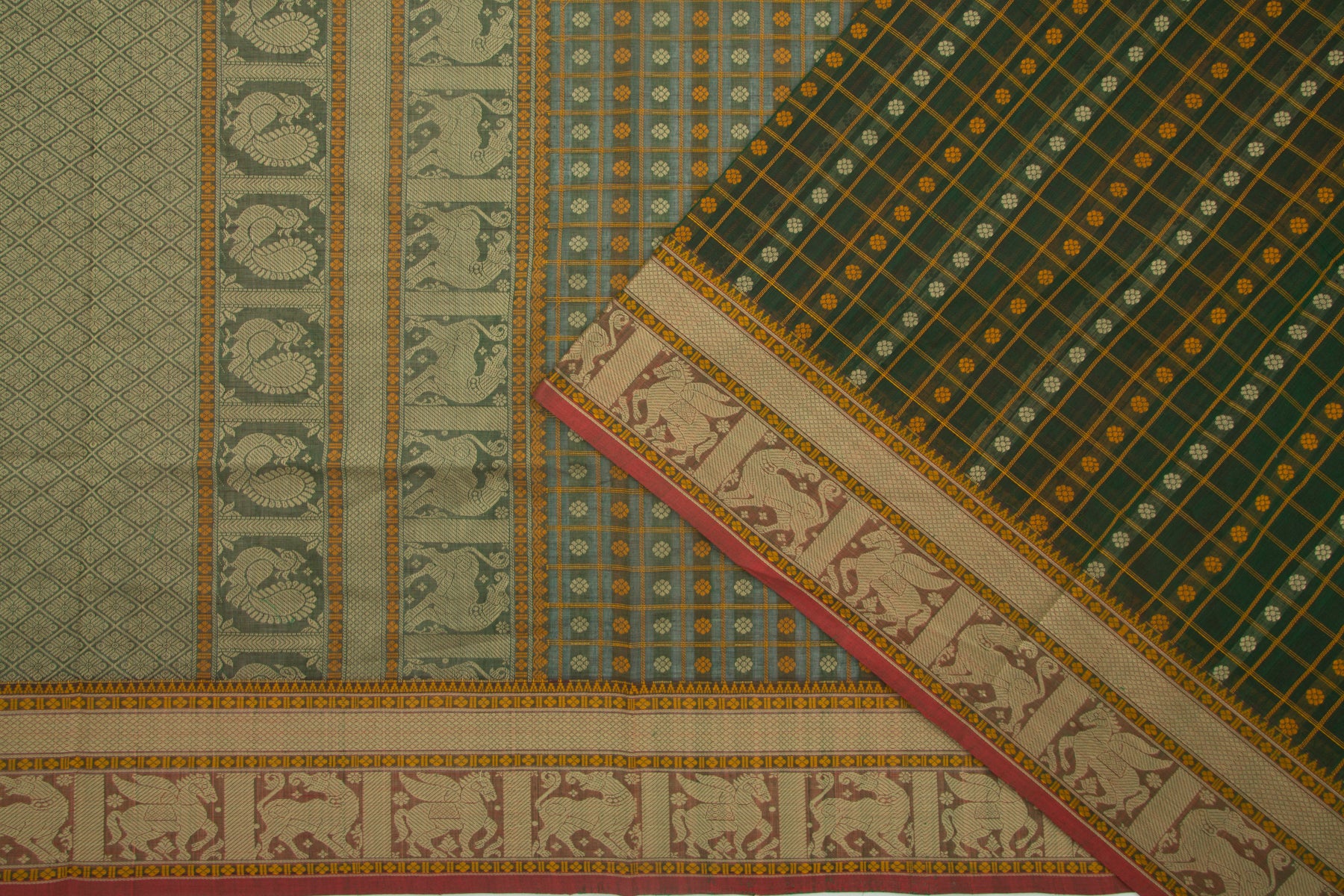 Kanchi Cotton Checks And Butta Green Saree