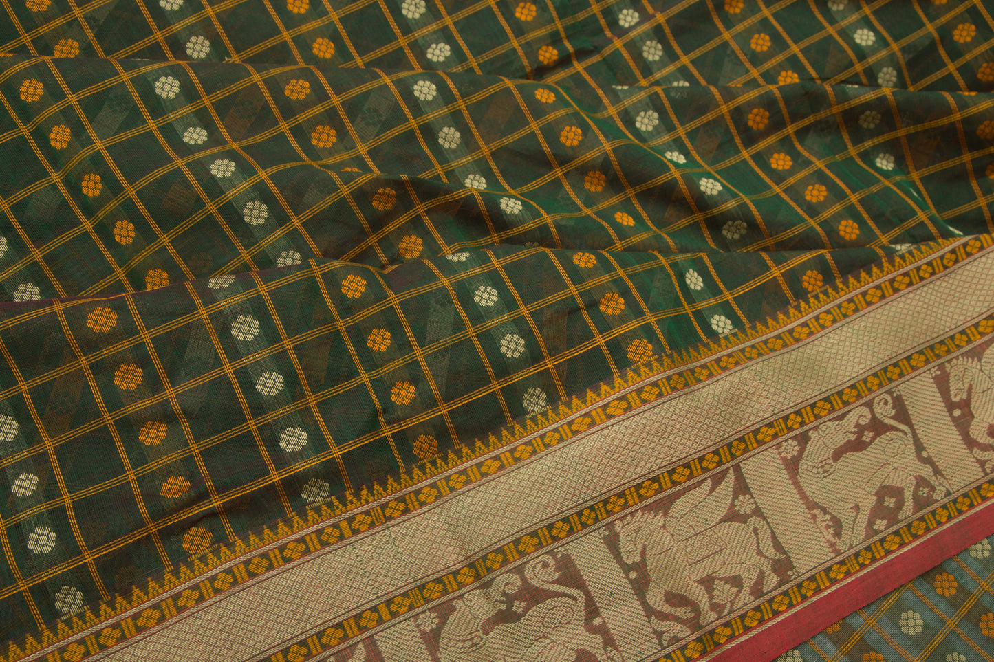 Kanchi Cotton Checks And Butta Green Saree