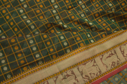 Kanchi Cotton Checks And Butta Green Saree