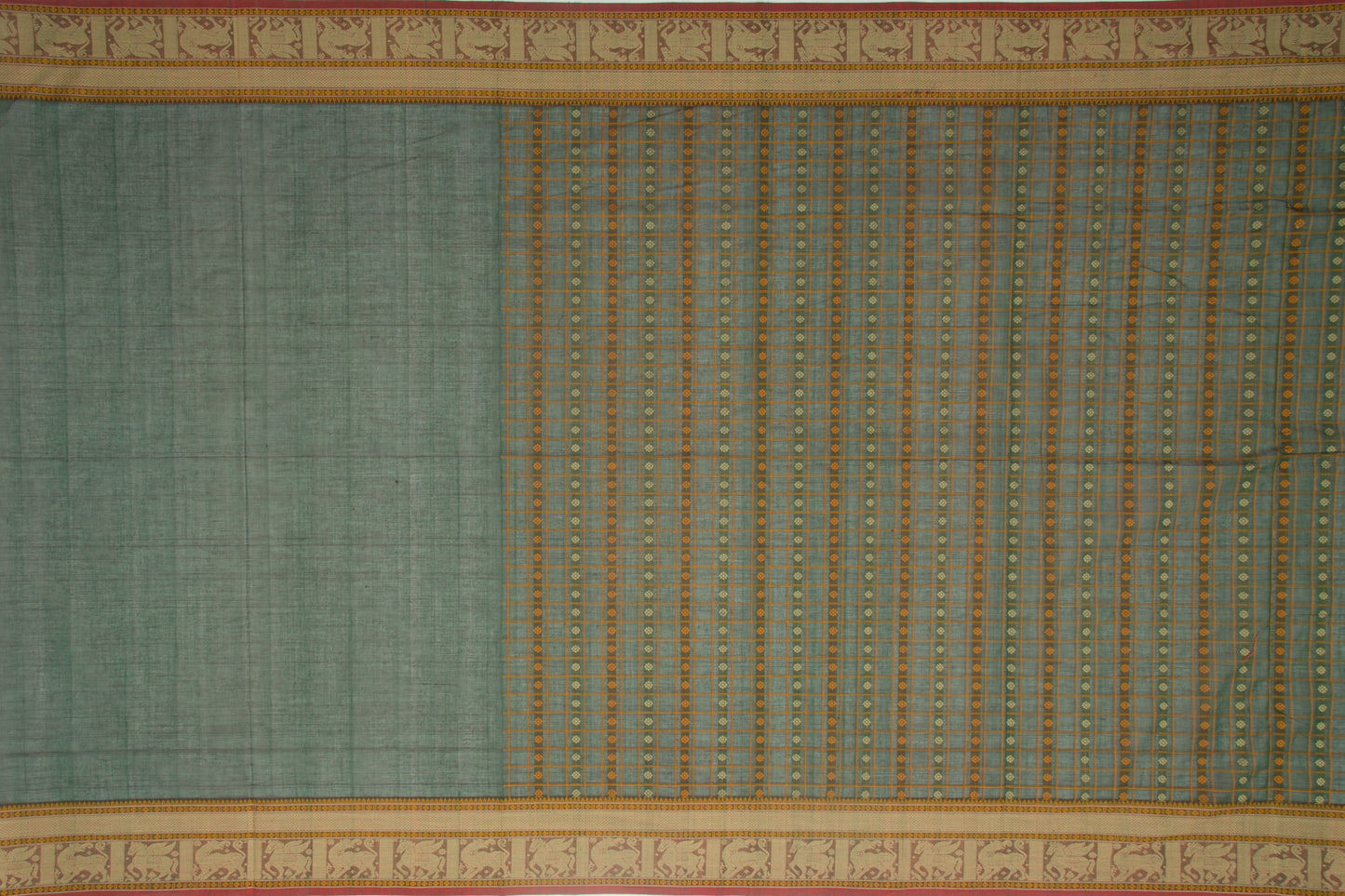 Kanchi Cotton Checks And Butta Green Saree