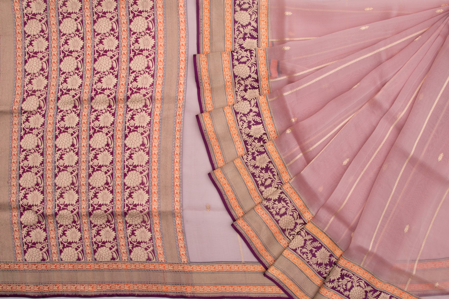 Banarasi Kora Organza Kadwa Vertical Lines and Butta Lilac Saree