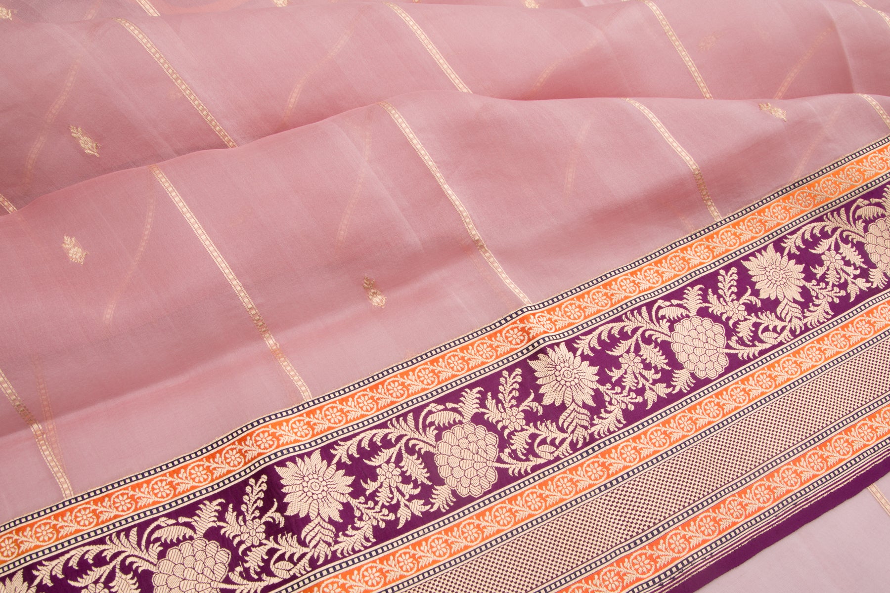 Banarasi Kora Organza Kadwa Vertical Lines and Butta Lilac Saree