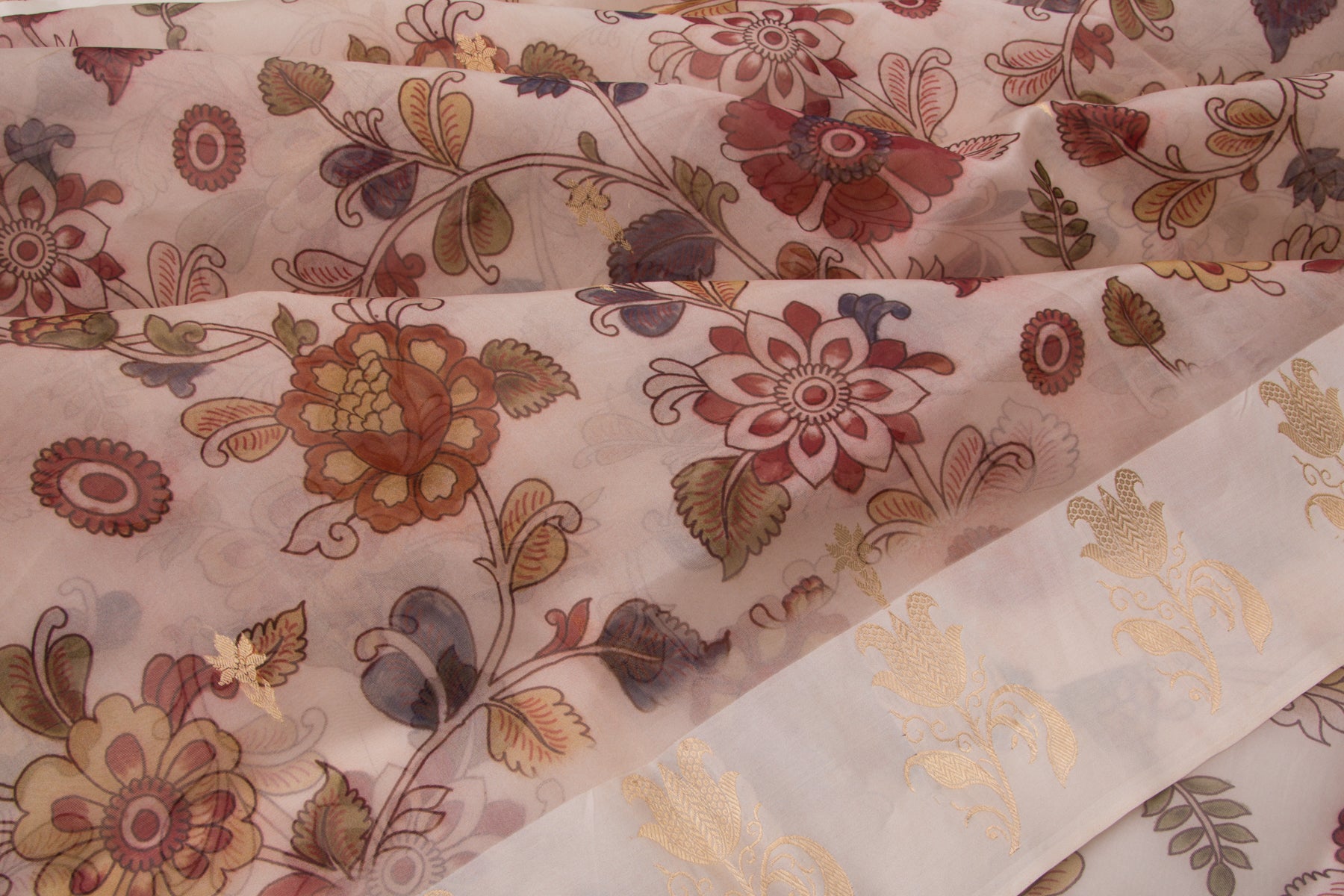Banarasi Kora Organza Floral Printed And Butta Pastel Pink Saree