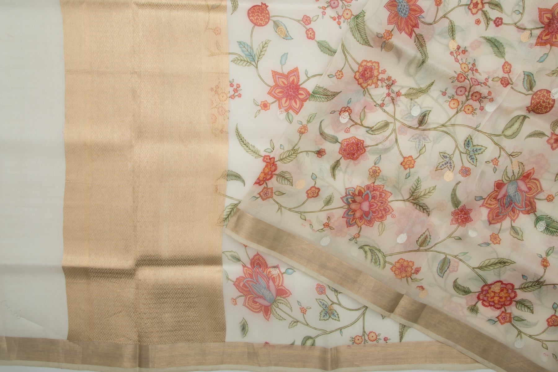 Banarasi Kora Organza Floral Printed Off-White Saree