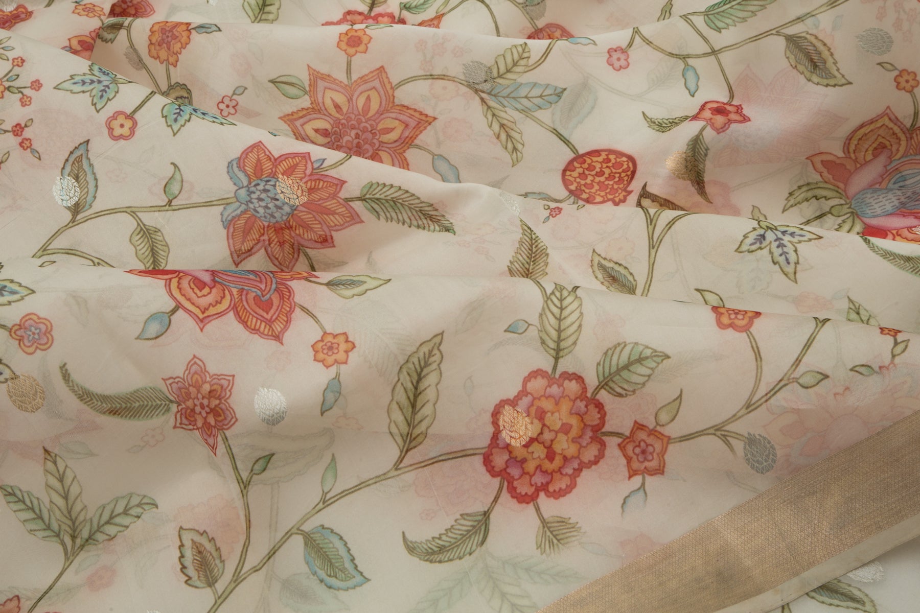 Banarasi Kora Organza Floral Printed Off-White Saree