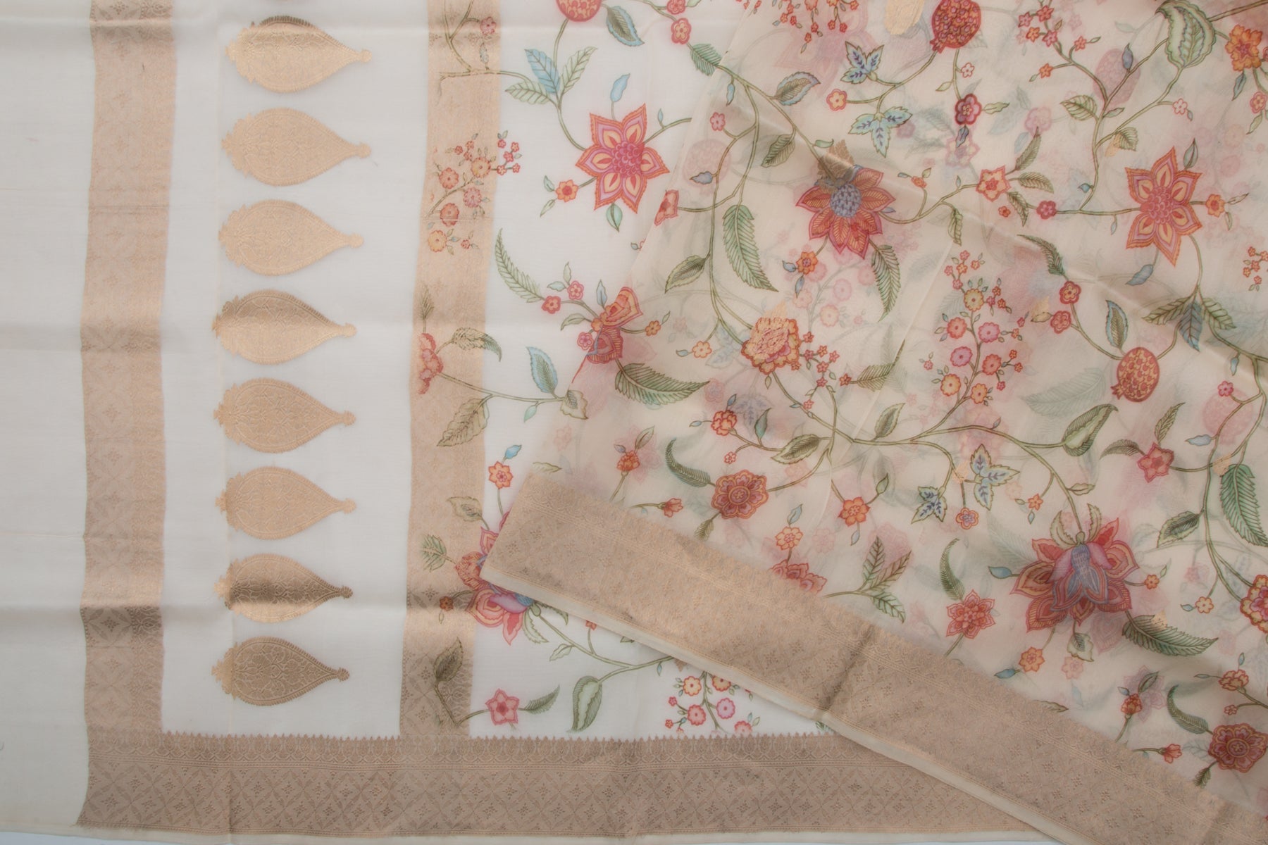 Banarasi Kora Organza Floral Printed Cream Saree