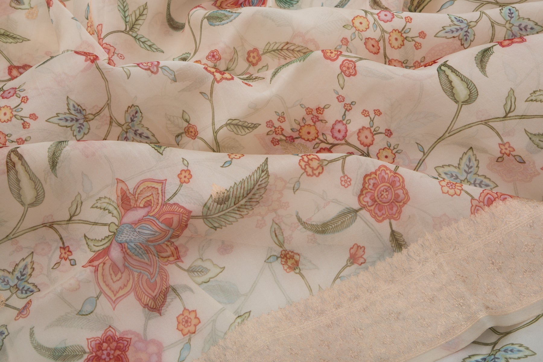 Banarasi Kora Organza Floral Printed Cream Saree