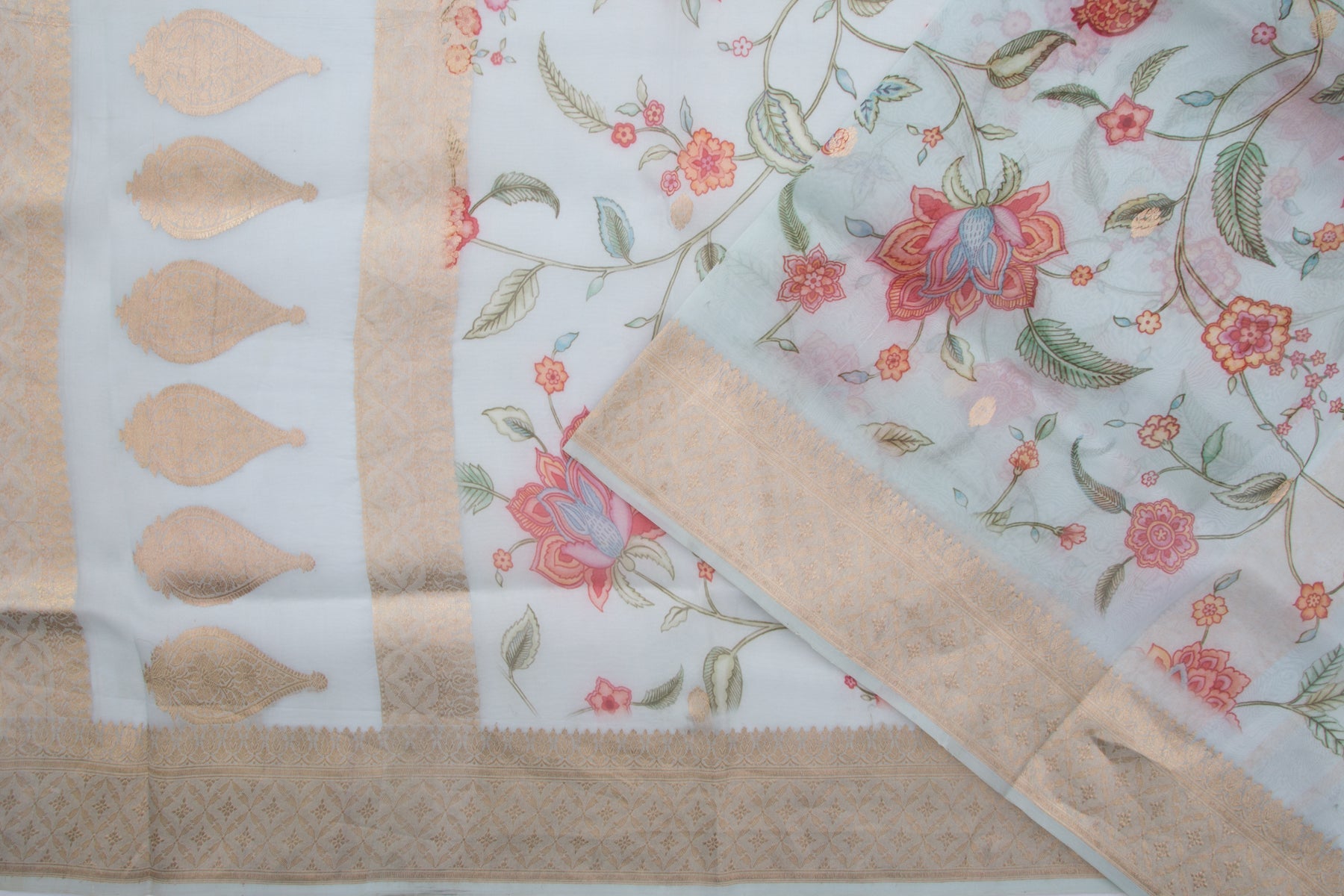 Banarasi Kora Organza Floral Printed Blue Saree