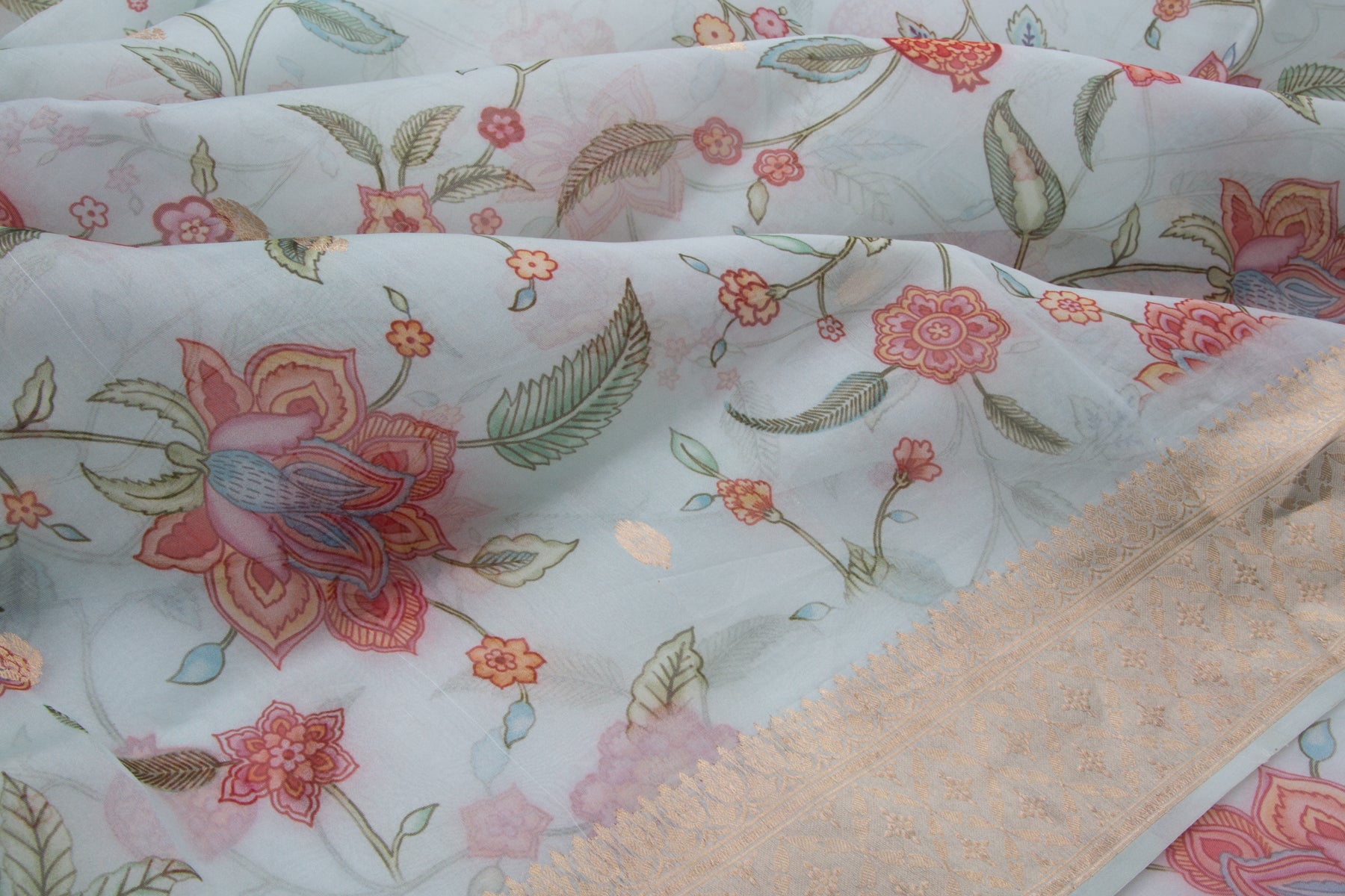 Banarasi Kora Organza Floral Printed Blue Saree