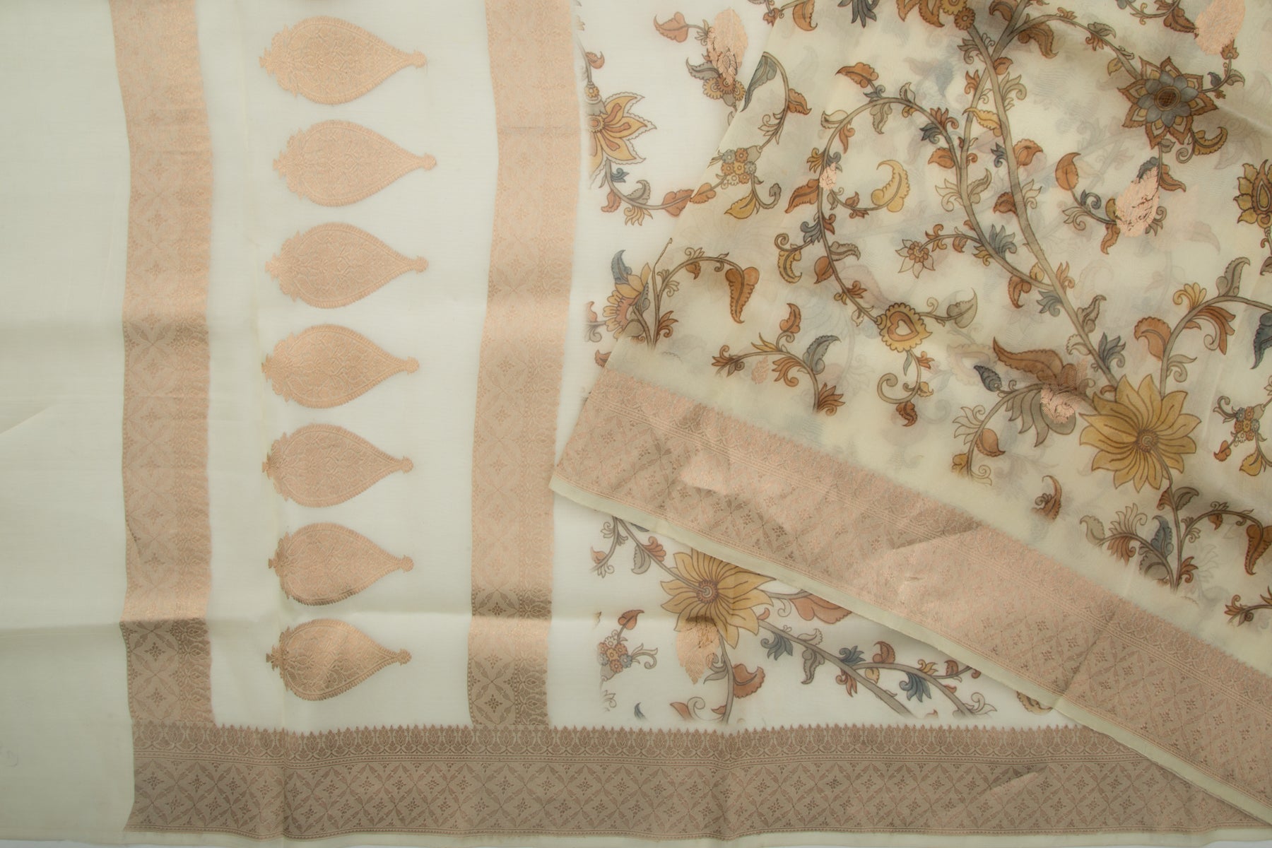 Banarasi Kora Organza Floral Printed Cream Saree