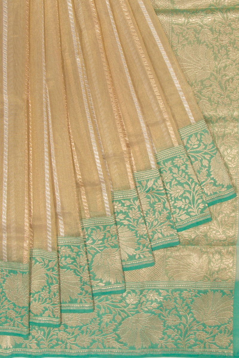Banarasi Kora Organza Tissue Vertical Lines Cream Saree