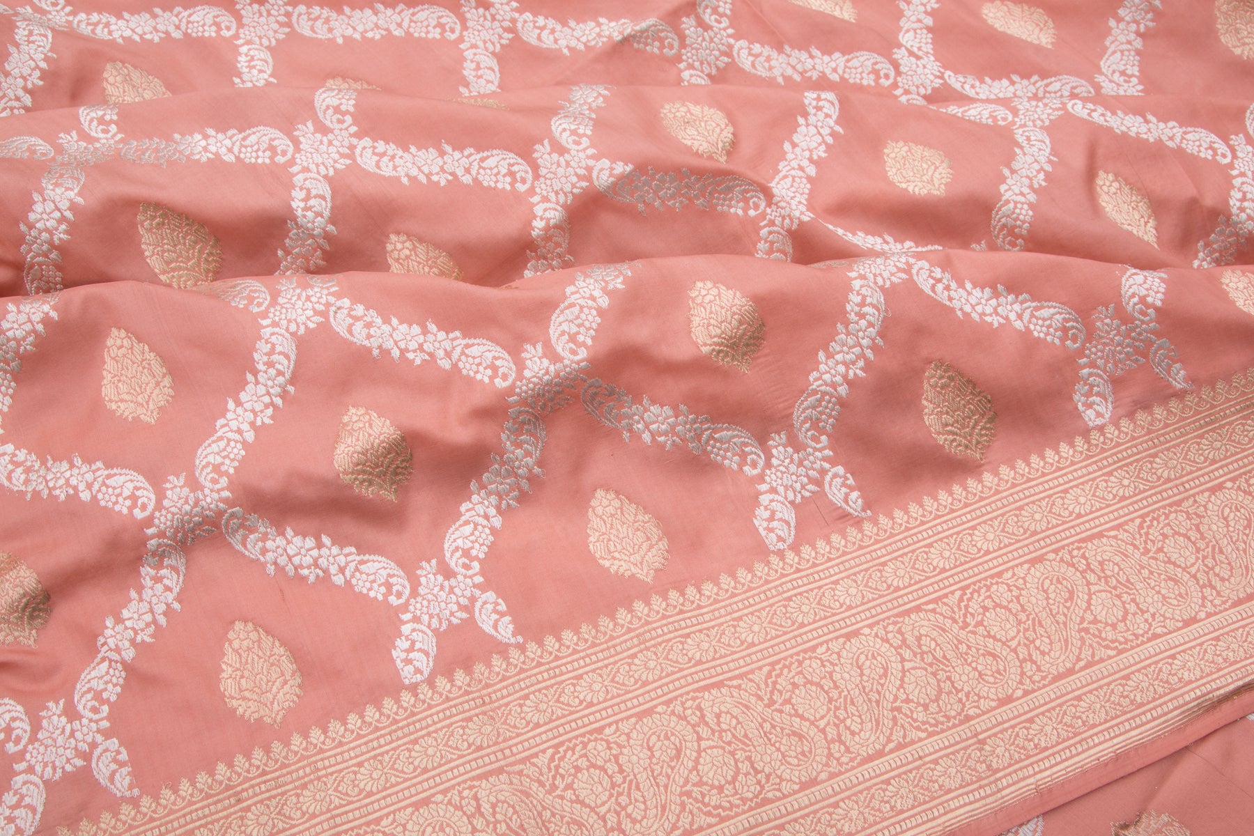 Banarasi Silk Kadwa Jaal And Butta Peach Saree