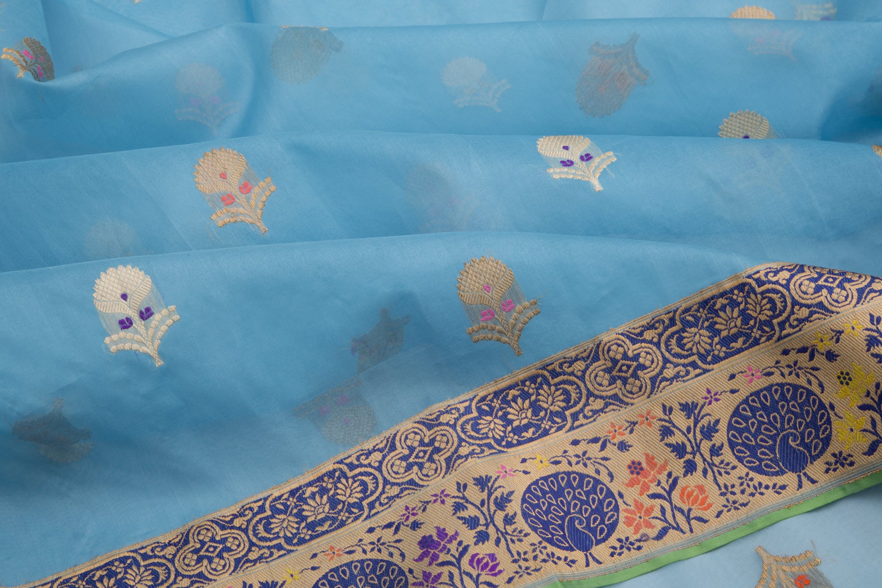 Banarasi Kora Organza Kadwa Butta Blue Saree