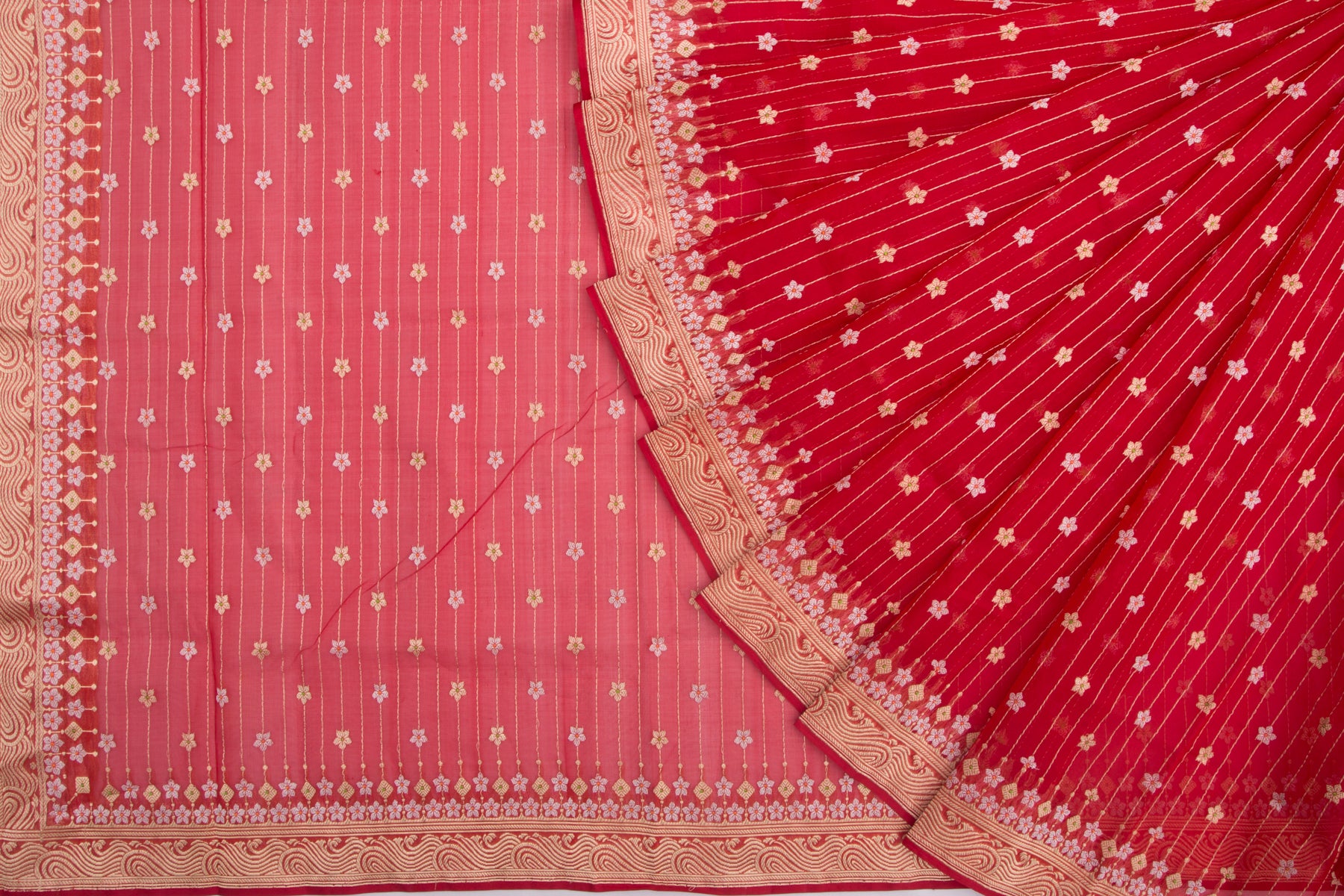Banarasi Kora Organza Kadwa Vertical Lines and Butta Red Saree