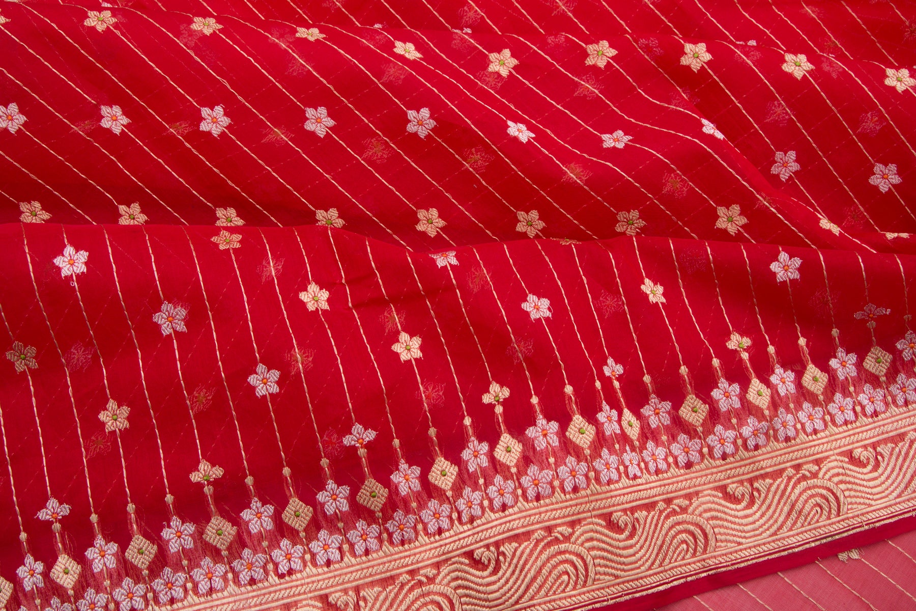 Banarasi Kora Organza Kadwa Vertical Lines and Butta Red Saree