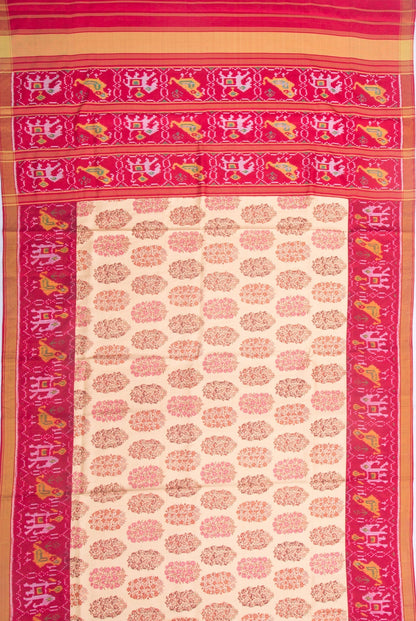 Semi Patan Patola Silk Printed Cream Saree With Attached Ikat Border