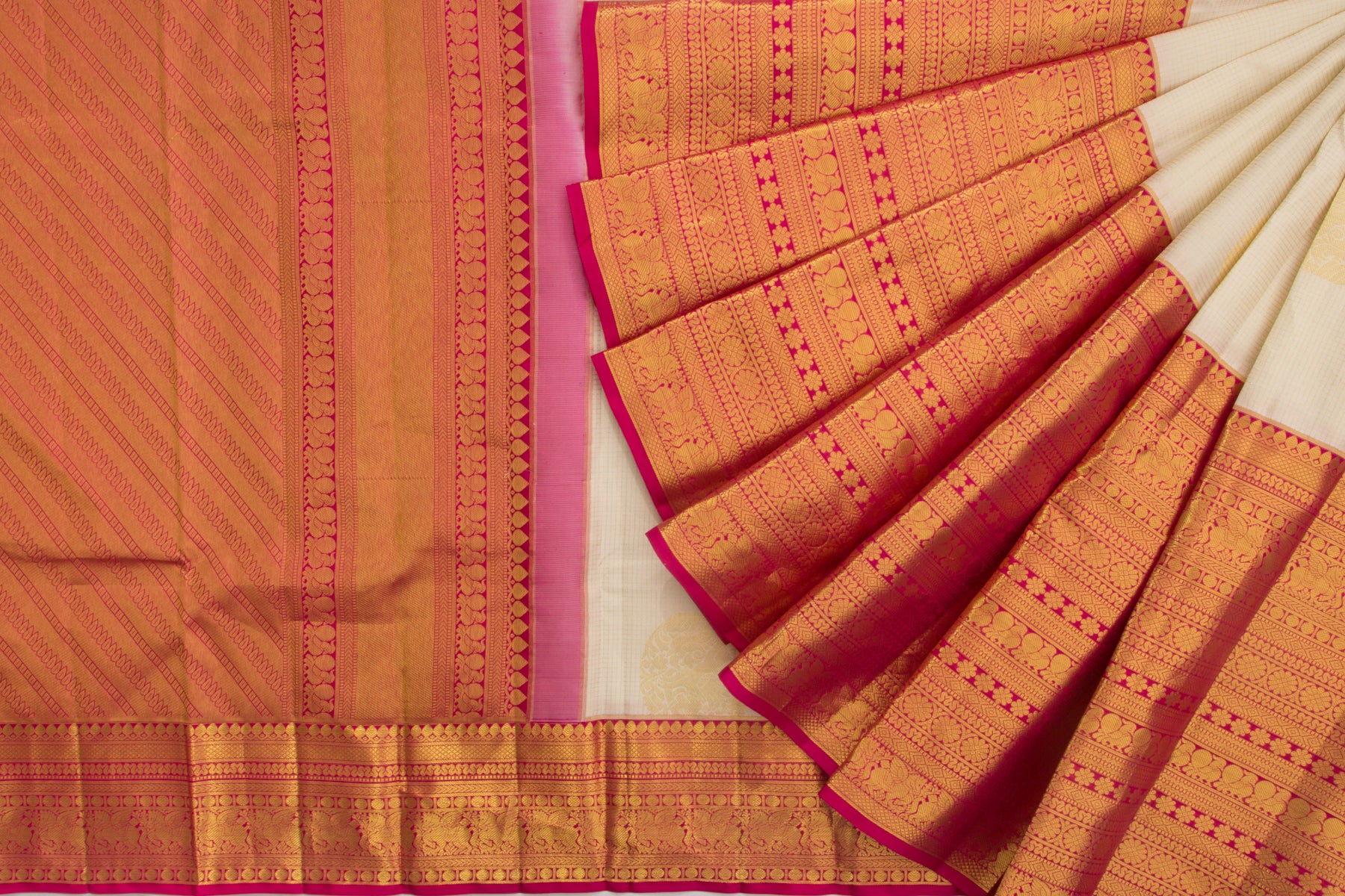 Kanchipuram Silk Checks and Butta Cream Saree