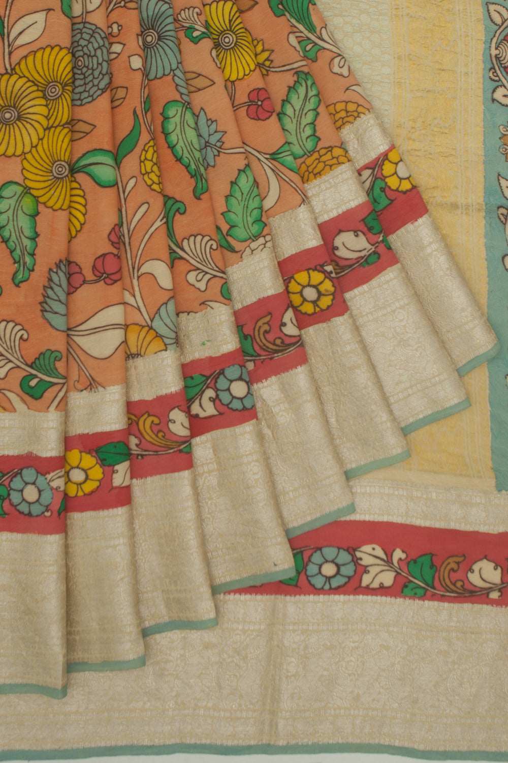 Kanchipuram Silk Kalamkari Orange Saree