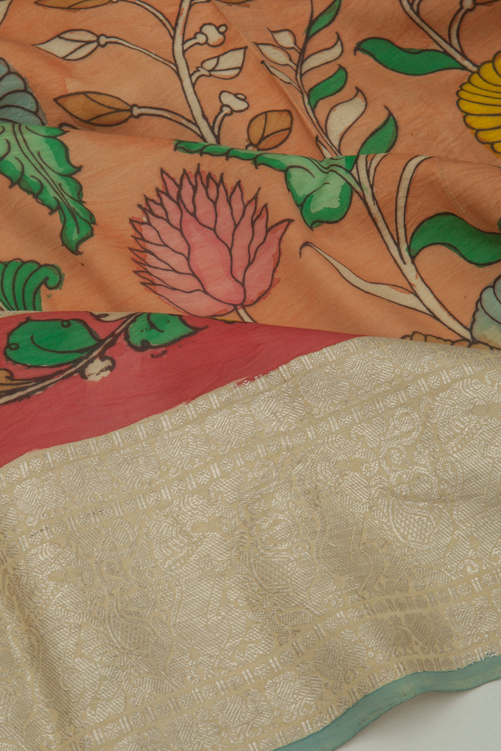 Kanchipuram Silk Kalamkari Orange Saree