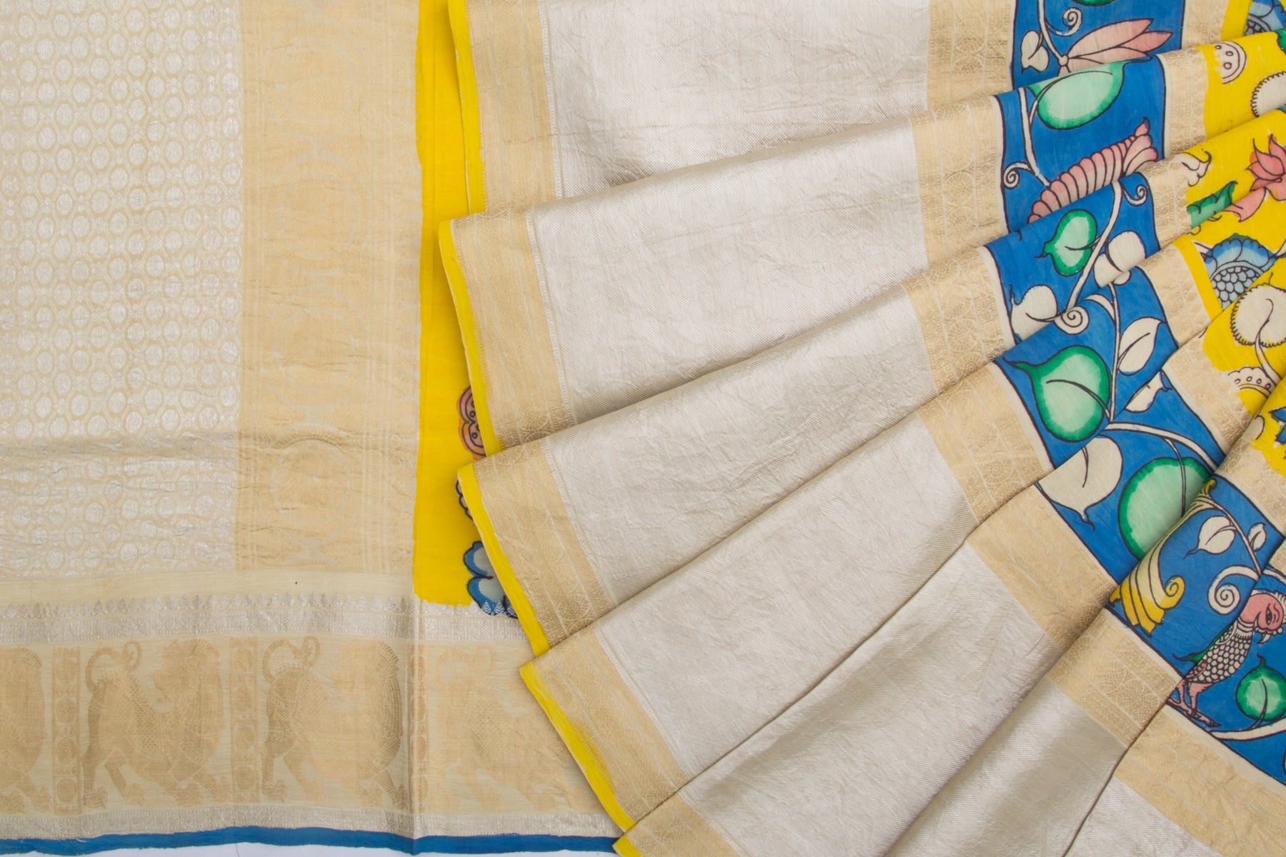 Kanchipuram Silk Kalamkari Hand Painted Yellow Saree