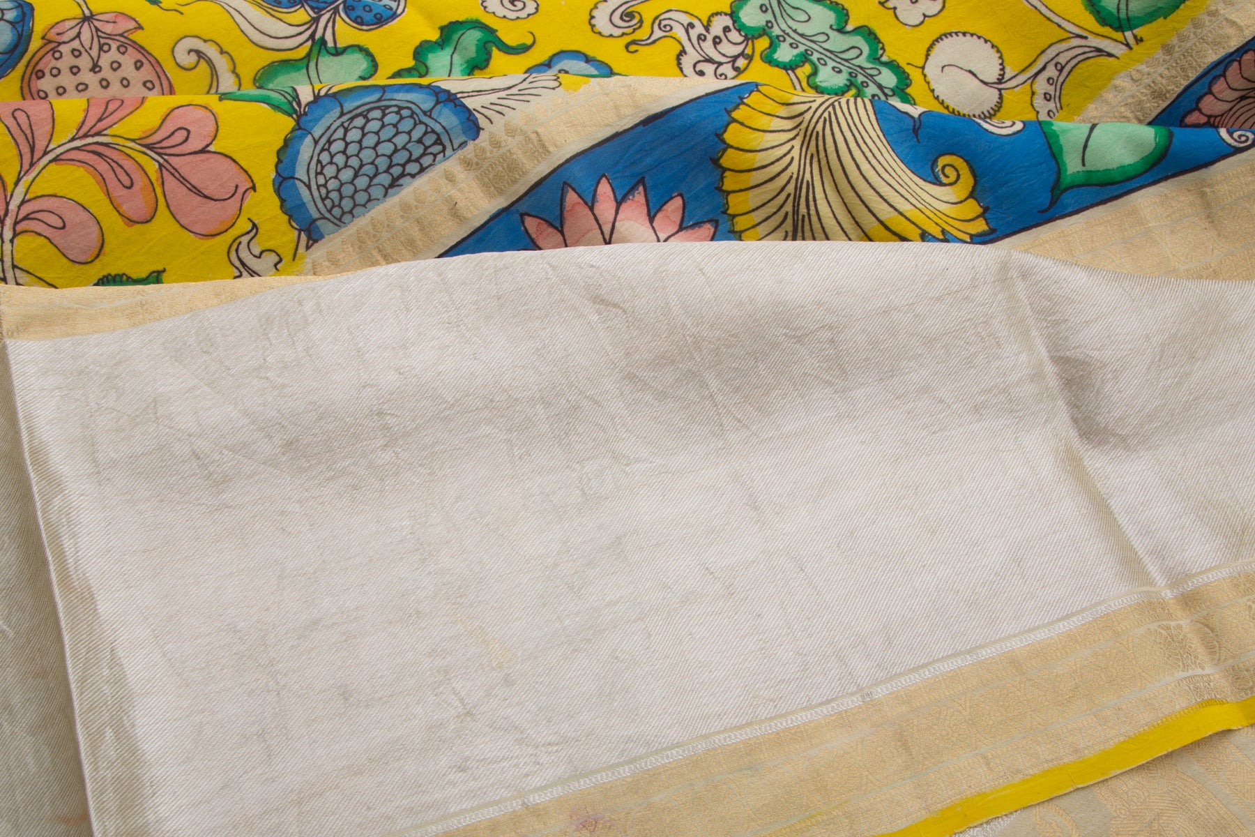 Kanchipuram Silk Kalamkari Hand Painted Yellow Saree