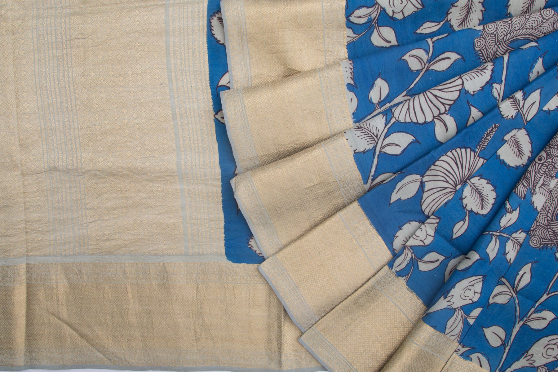 Kanchipuram Silk Kalamkari Hand Painted Blue Saree