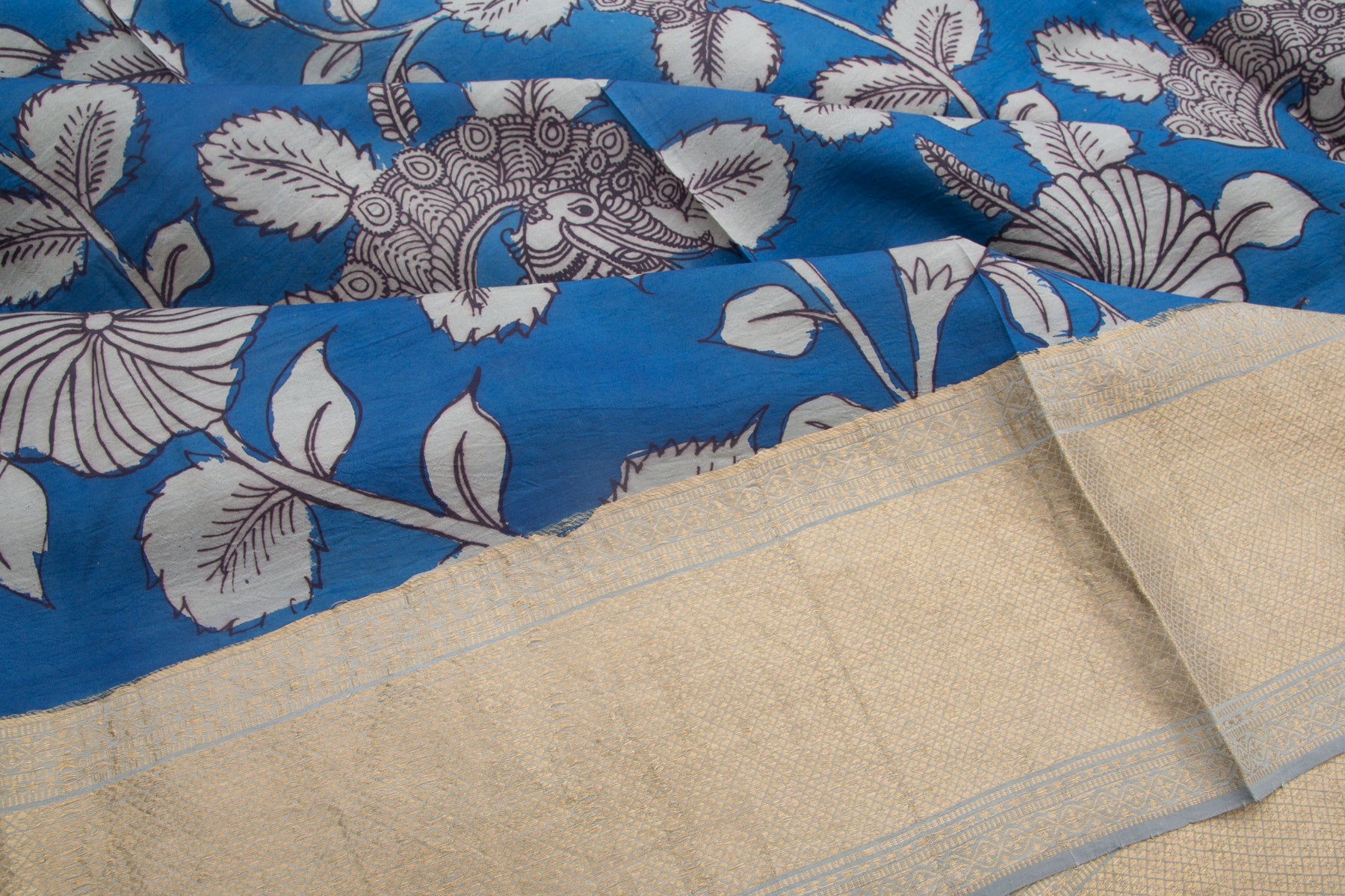 Kanchipuram Silk Kalamkari Hand Painted Blue Saree