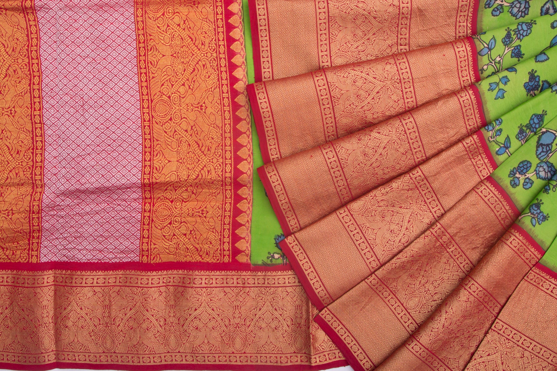 Kanchipuram Silk Kalamkari Hand Painted Green Saree