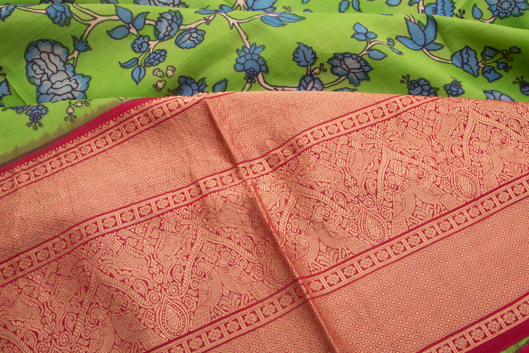 Kanchipuram Silk Kalamkari Hand Painted Green Saree