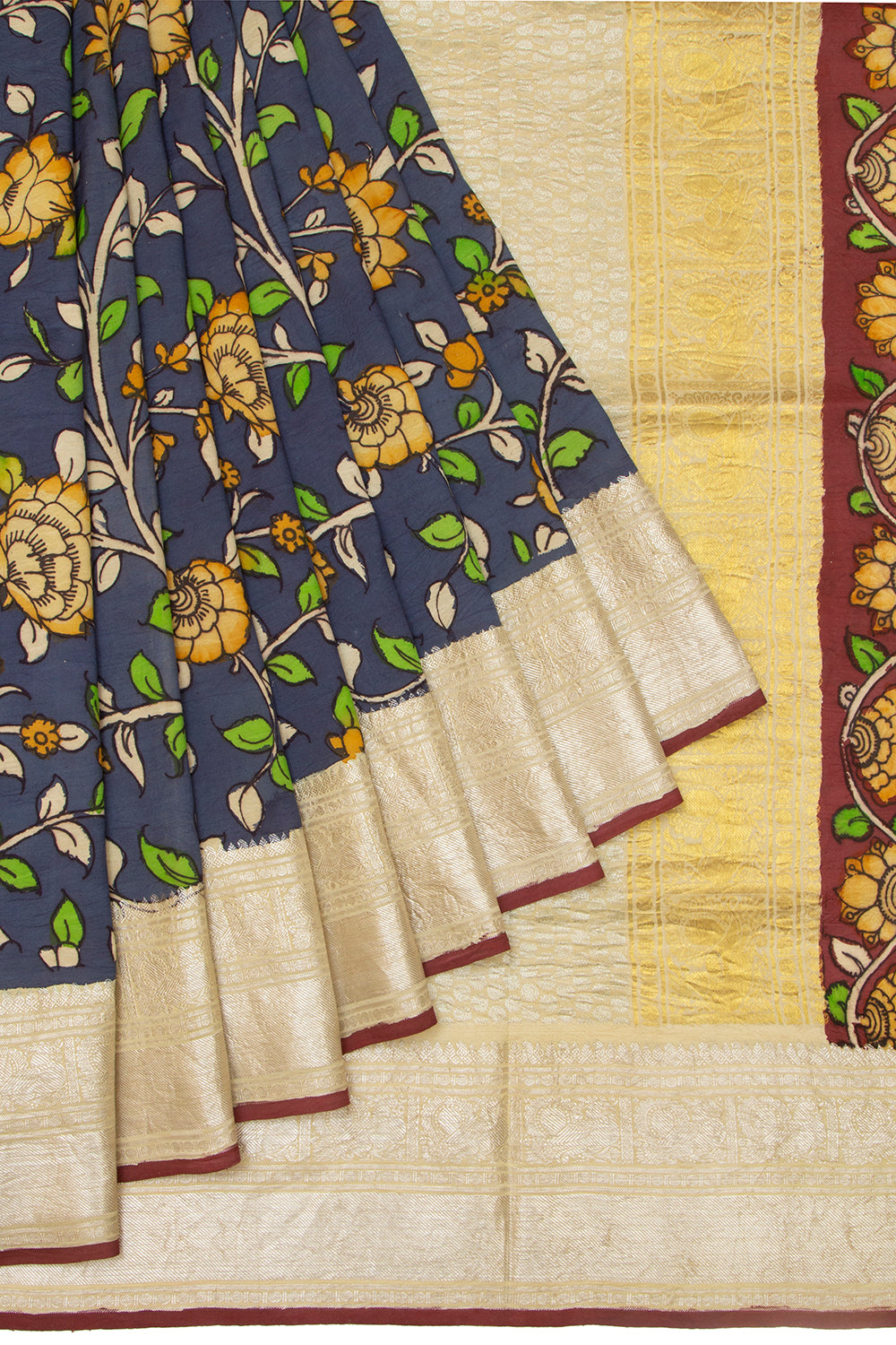Kanchipuram Silk Kalamkari Blue Saree