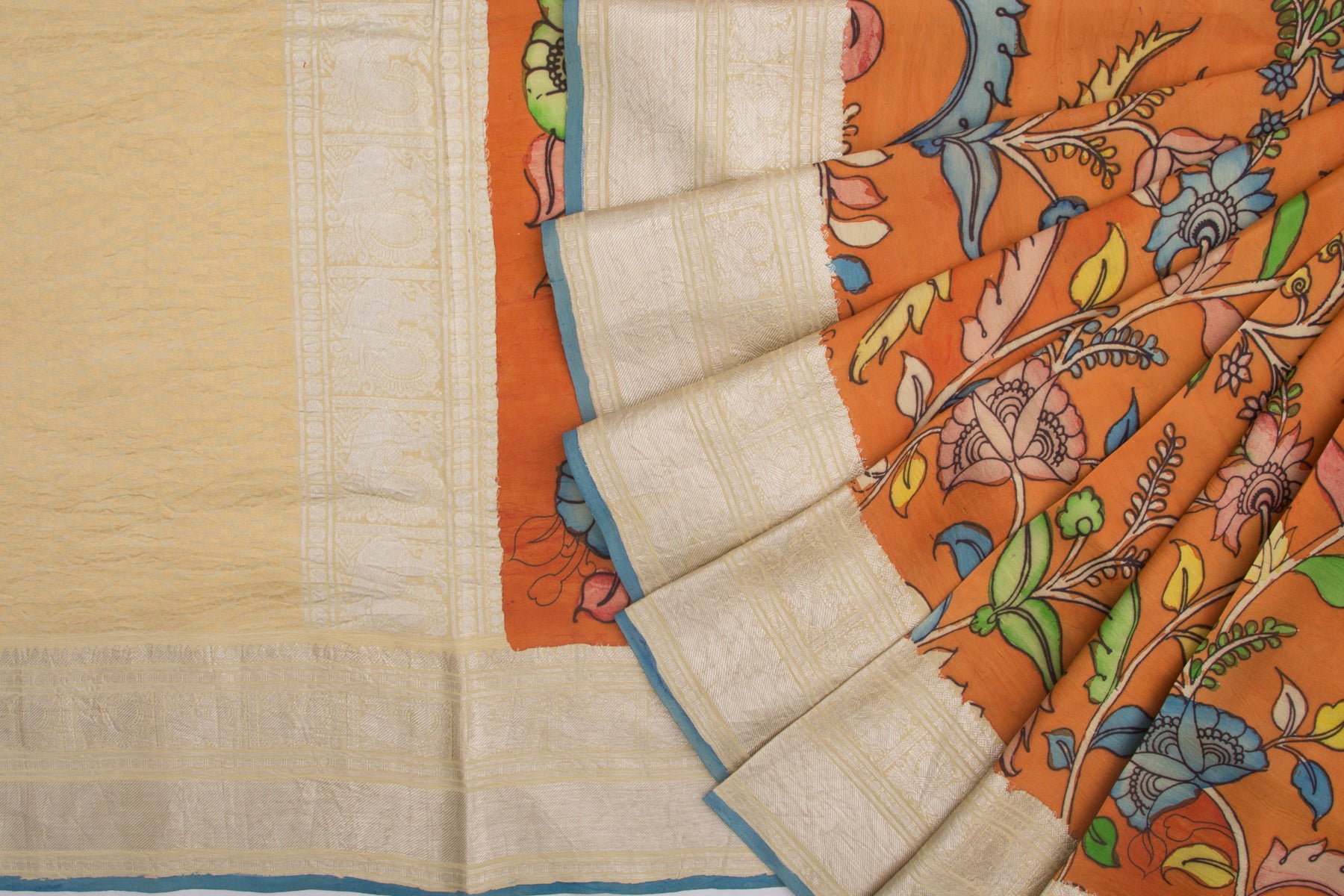 Kanchipuram Silk Kalamkari Hand Painted Orange Saree