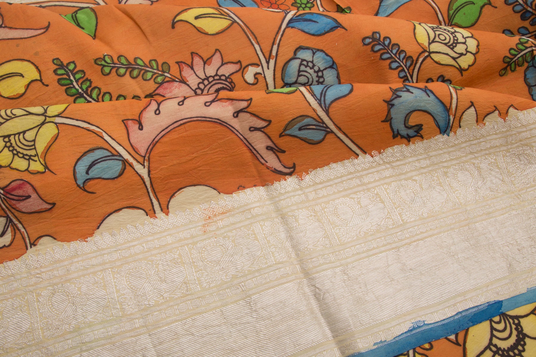 Kanchipuram Silk Kalamkari Hand Painted Orange Saree