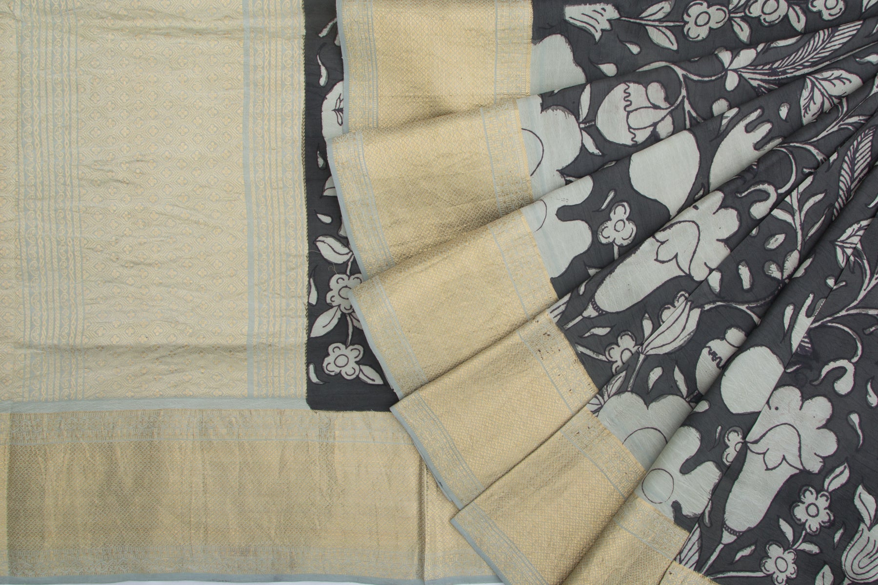Kanchipuram Silk Kalamkari Hand Painted Black Saree