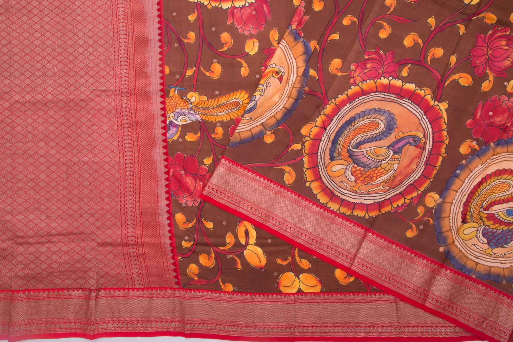 Kanchipuram Silk Floral Printed Brown Saree