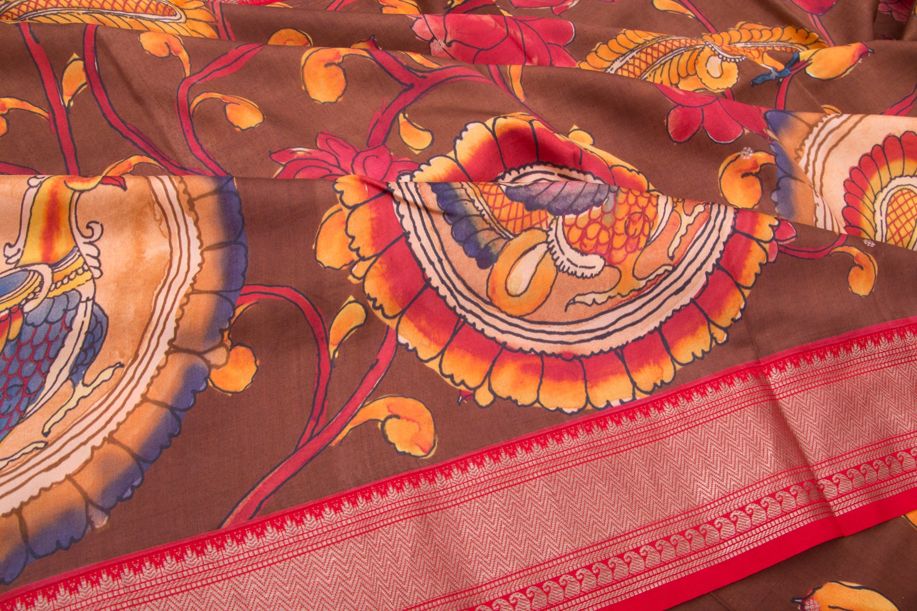 Kanchipuram Silk Floral Printed Brown Saree