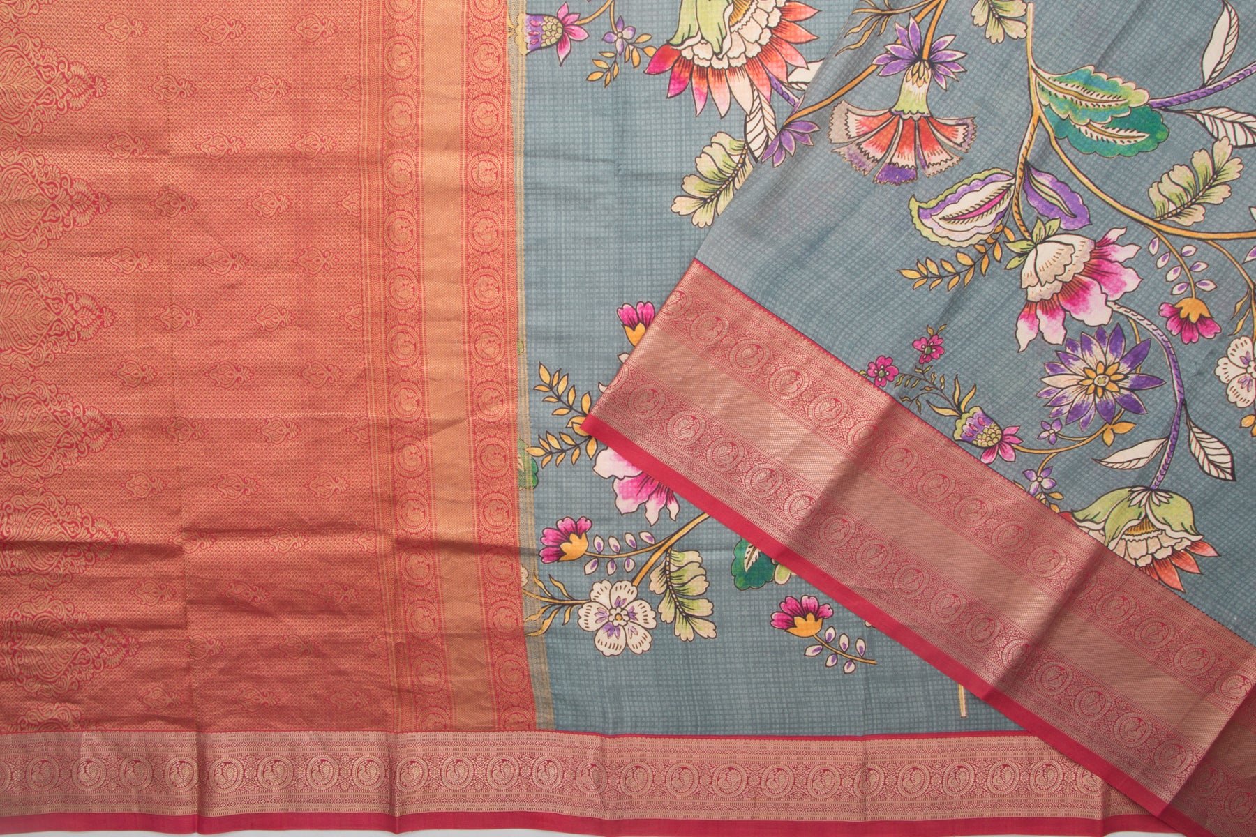 Kanchipuram Silk Floral Printed Grey Saree