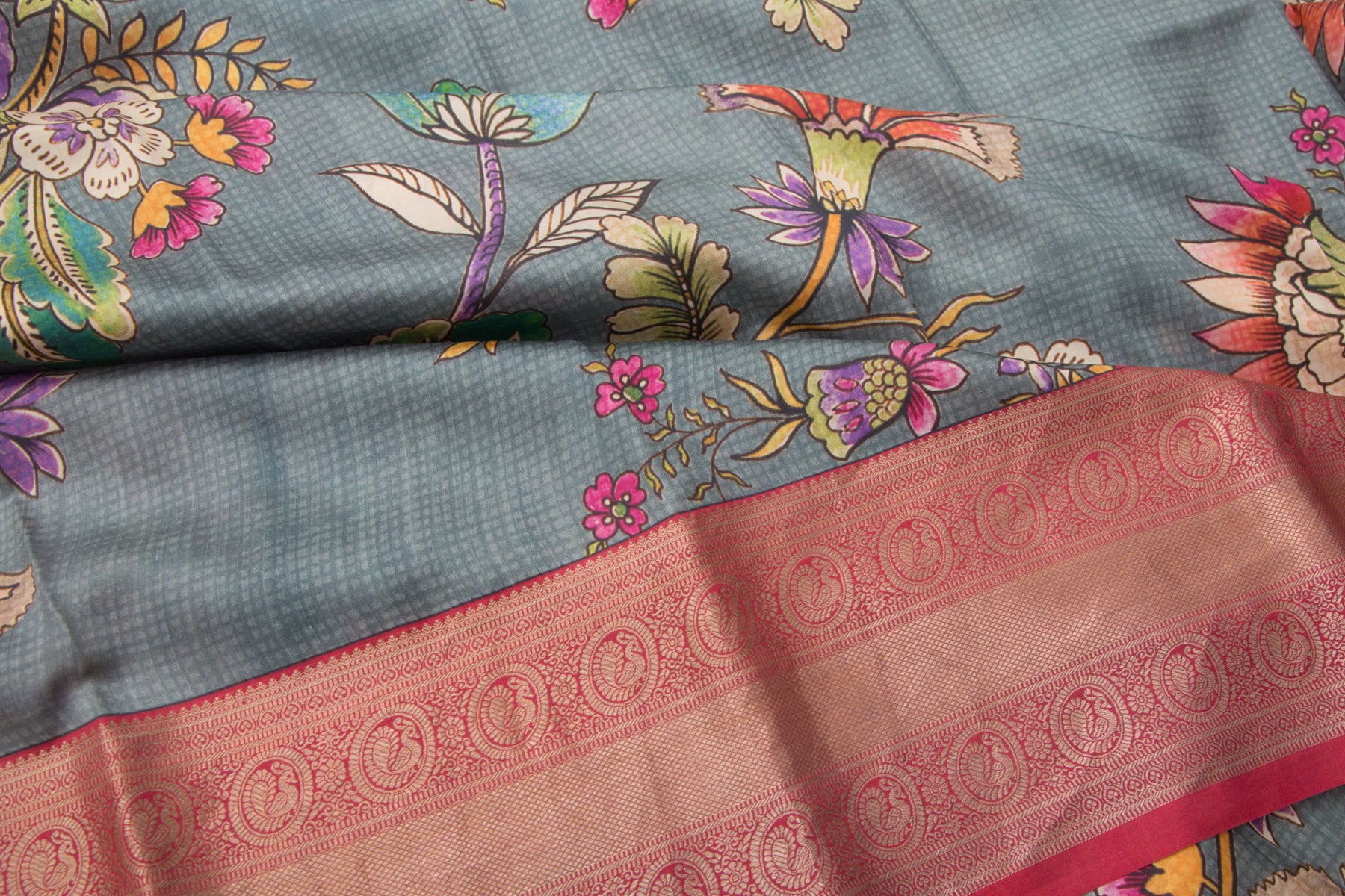 Kanchipuram Silk Floral Printed Grey Saree