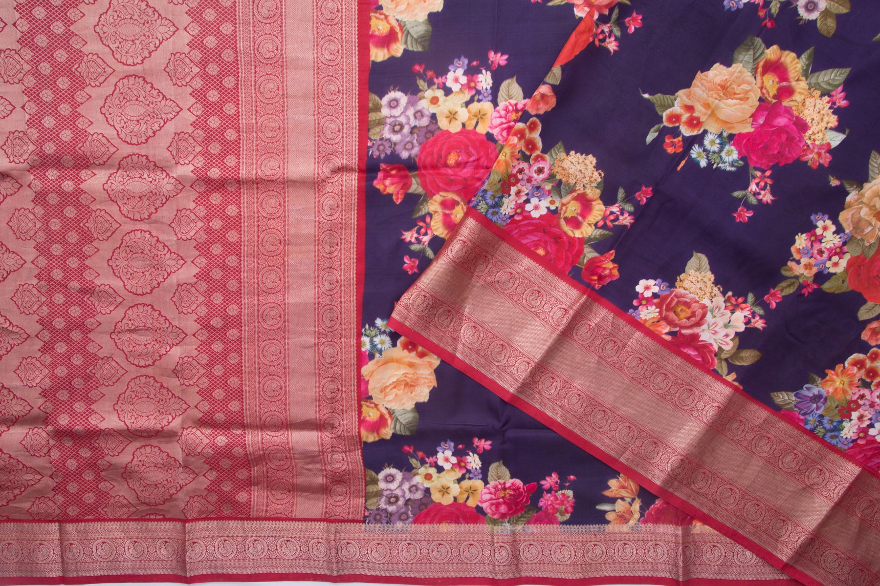 Kanchipuram Silk Floral Printed Purple Saree
